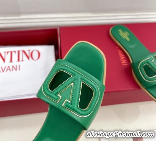 Popular Style Valentino VLogo Cut-out Calfskin Flat Slide Sandals Green 429055