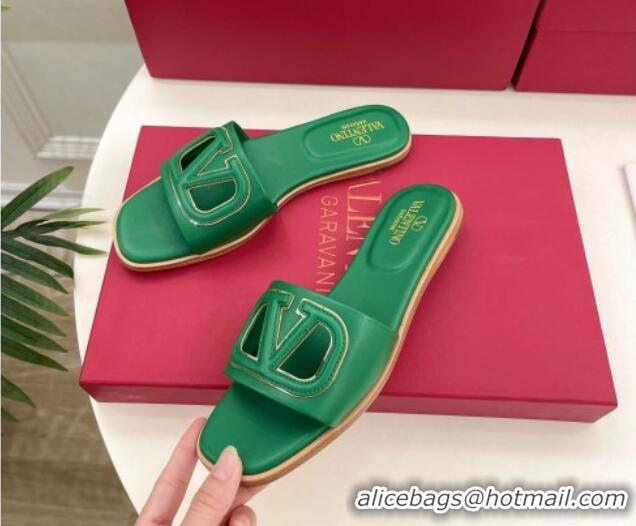 Popular Style Valentino VLogo Cut-out Calfskin Flat Slide Sandals Green 429055