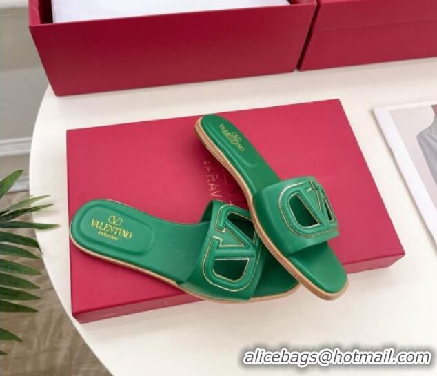 Popular Style Valentino VLogo Cut-out Calfskin Flat Slide Sandals Green 429055