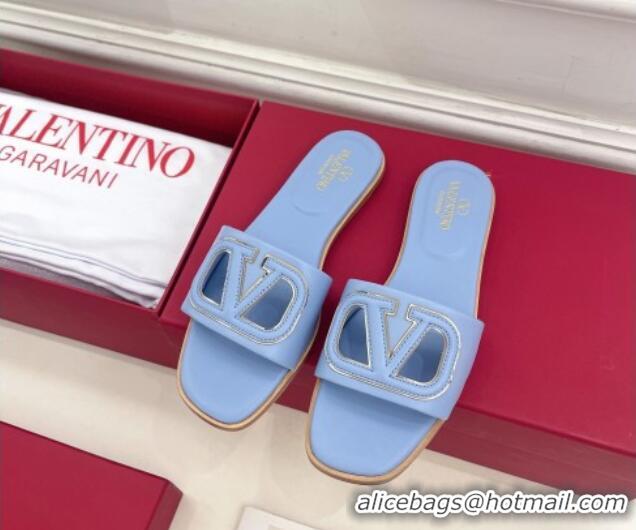 Good Quality Valentino VLogo Cut-out Calfskin Flat Slide Sandals Light Purple 429056