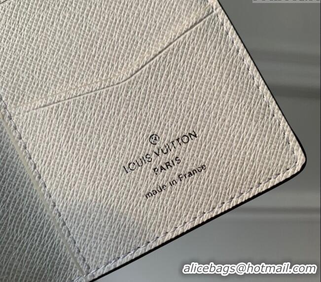 Luxury Classic Louis Vuitton Pocket Organizer Wallet in Taiga Leather and Monogram Canvas M83095 White 2024