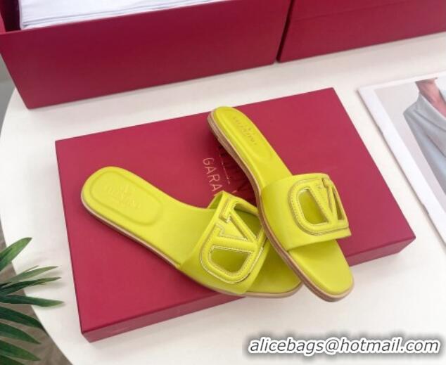 Good Looking Valentino VLogo Cut-out Calfskin Flat Slide Sandals Yellow 429057