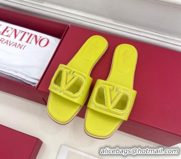 Good Looking Valentino VLogo Cut-out Calfskin Flat Slide Sandals Yellow 429057