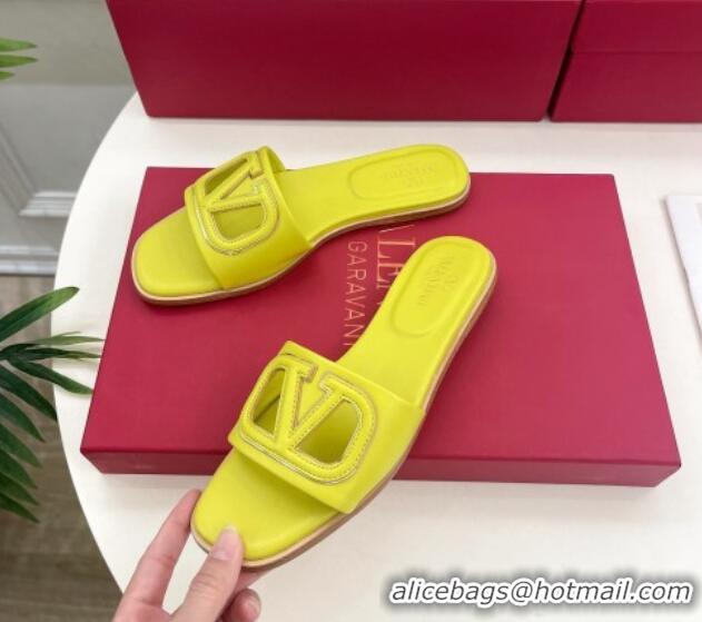 Good Looking Valentino VLogo Cut-out Calfskin Flat Slide Sandals Yellow 429057