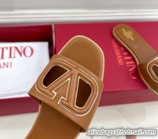 Unique Style Valentino VLogo Cut-out Calfskin Flat Slide Sandals Brown 429058