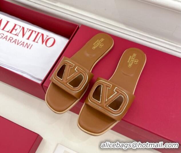 Unique Style Valentino VLogo Cut-out Calfskin Flat Slide Sandals Brown 429058