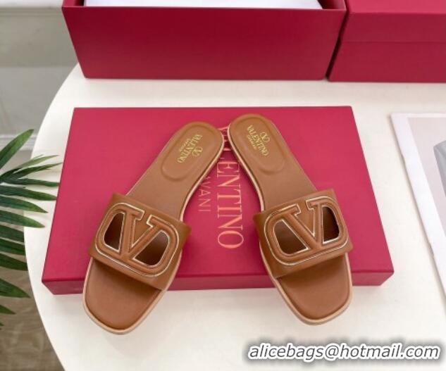 Unique Style Valentino VLogo Cut-out Calfskin Flat Slide Sandals Brown 429058