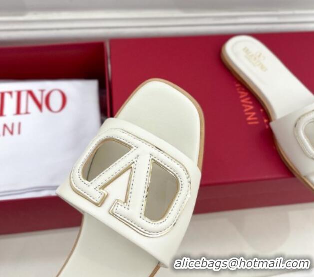 Classic Hot Valentino VLogo Cut-out Calfskin Flat Slide Sandals White 429059