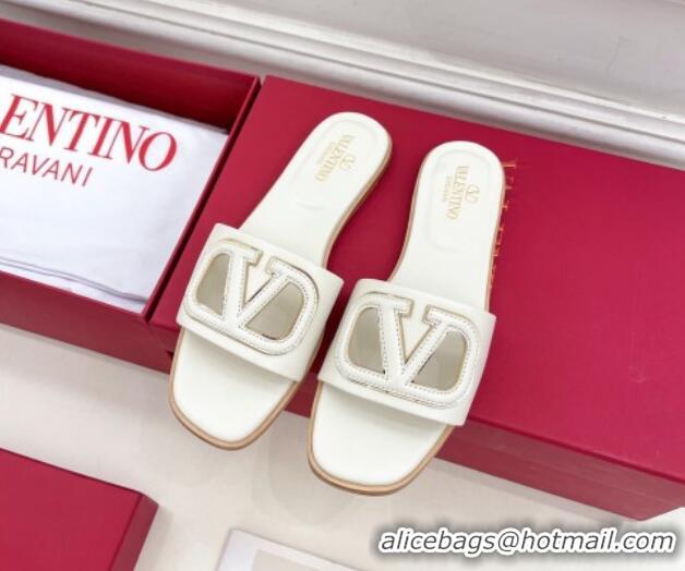 Classic Hot Valentino VLogo Cut-out Calfskin Flat Slide Sandals White 429059