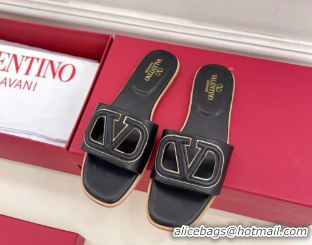 Lower Price Valentino VLogo Cut-out Calfskin Flat Slide Sandals Black 429060