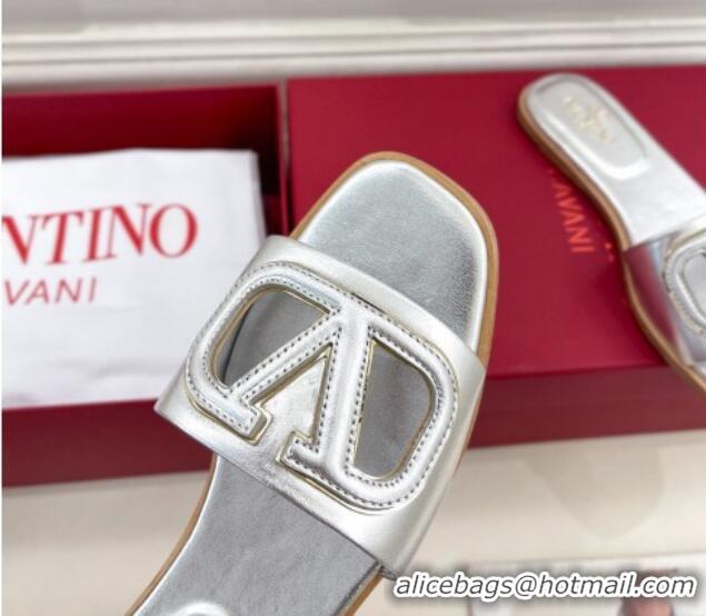 Shop Duplicate Valentino VLogo Cut-out Calfskin Flat Slide Sandals Silver 429061