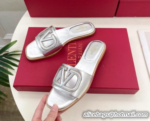 Shop Duplicate Valentino VLogo Cut-out Calfskin Flat Slide Sandals Silver 429061