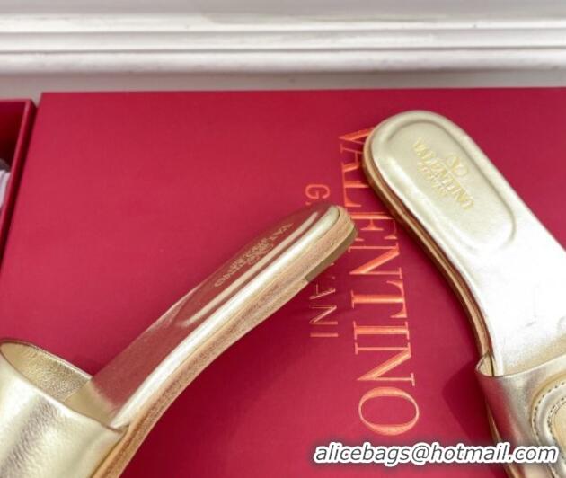 Top Design Valentino VLogo Cut-out Calfskin Flat Slide Sandals Gold 429062