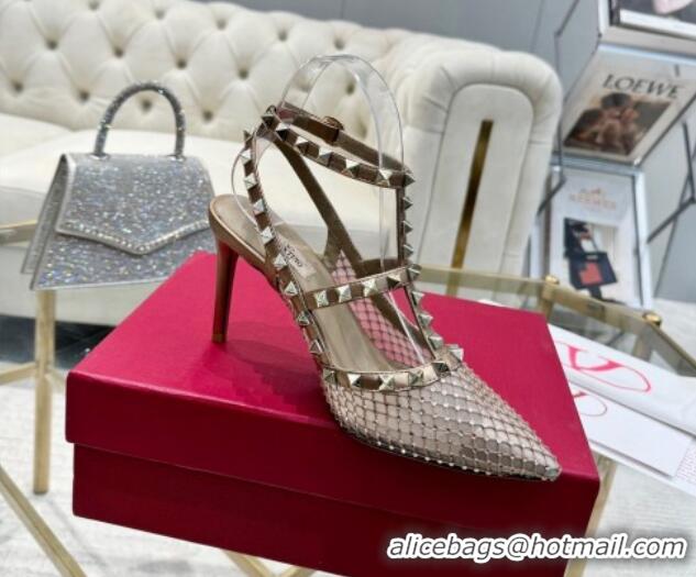 Sumptuous Valentino Rockstud Mesh Pumps 9cm with Matching Strap and Strass Gold 429071