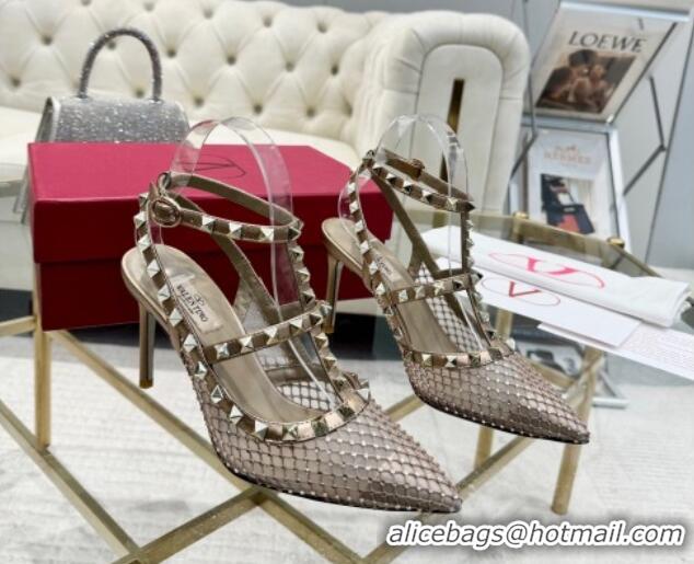 Sumptuous Valentino Rockstud Mesh Pumps 9cm with Matching Strap and Strass Gold 429071