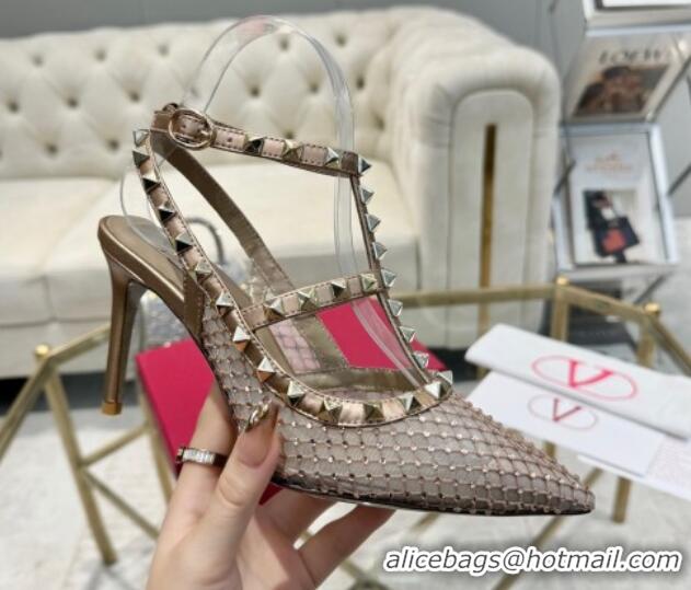 Sumptuous Valentino Rockstud Mesh Pumps 9cm with Matching Strap and Strass Gold 429071