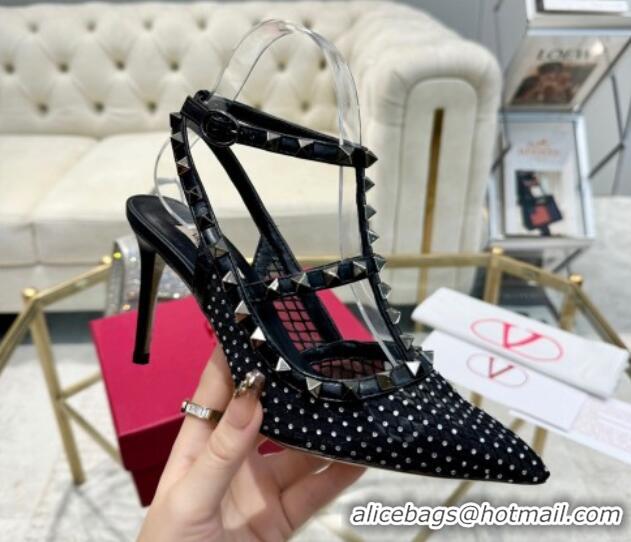 Sophisticated Valentino Rockstud Mesh Pumps 9cm with Matching Strap and Strass Black 429072