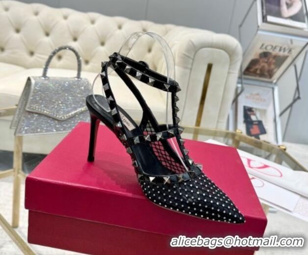 Sophisticated Valentino Rockstud Mesh Pumps 9cm with Matching Strap and Strass Black 429072