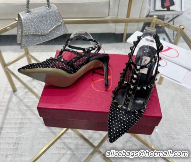 Sophisticated Valentino Rockstud Mesh Pumps 9cm with Matching Strap and Strass Black 429072