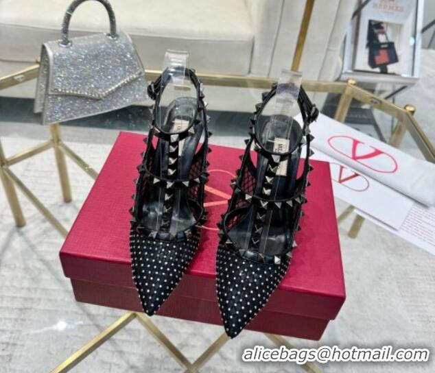 Sophisticated Valentino Rockstud Mesh Pumps 9cm with Matching Strap and Strass Black 429072