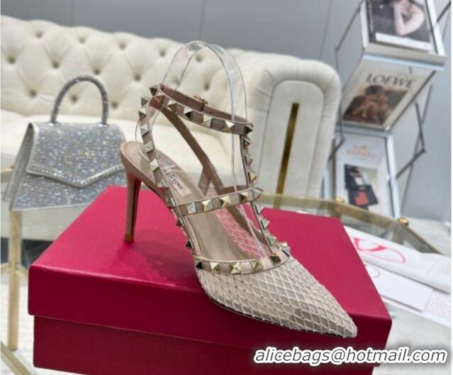 Duplicate Valentino Rockstud Mesh Pumps 9cm with Matching Strap and Strass Nude 429073