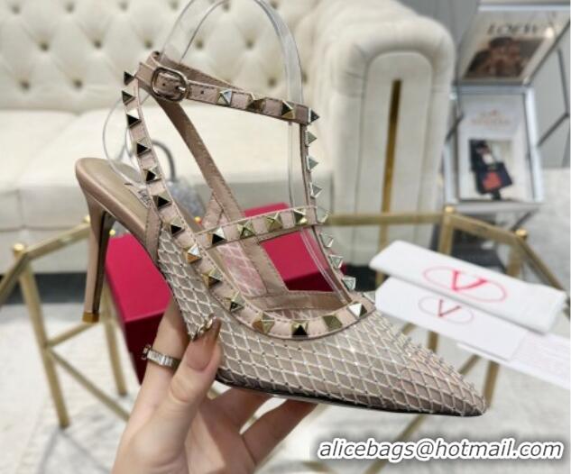 Duplicate Valentino Rockstud Mesh Pumps 9cm with Matching Strap and Strass Nude 429073