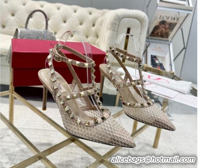 Duplicate Valentino Rockstud Mesh Pumps 9cm with Matching Strap and Strass Nude 429073