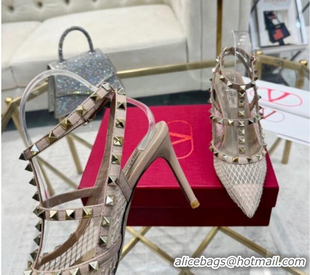 Duplicate Valentino Rockstud Mesh Pumps 9cm with Matching Strap and Strass Nude 429073