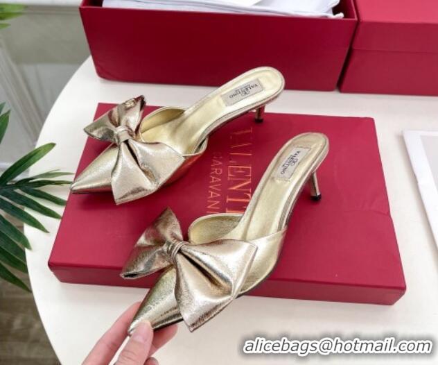 Good Quality Valentino Calfskin Heel Mules 6cm with Maxi Bow Gold 429074