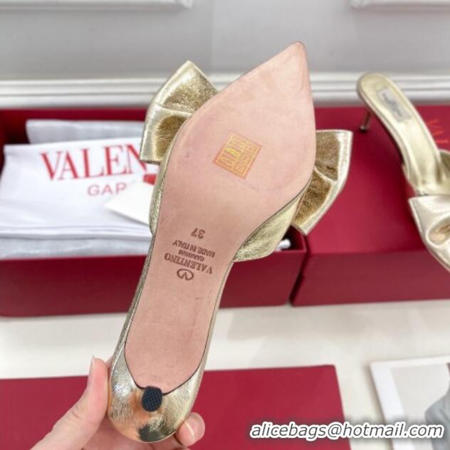 Good Quality Valentino Calfskin Heel Mules 6cm with Maxi Bow Gold 429074