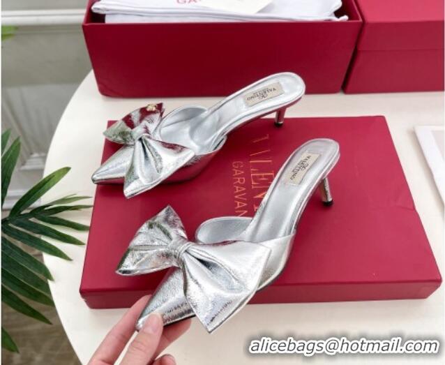 Purchase Valentino Calfskin Heel Mules 6cm with Maxi Bow Silver 429075