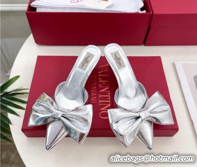 Purchase Valentino Calfskin Heel Mules 6cm with Maxi Bow Silver 429075