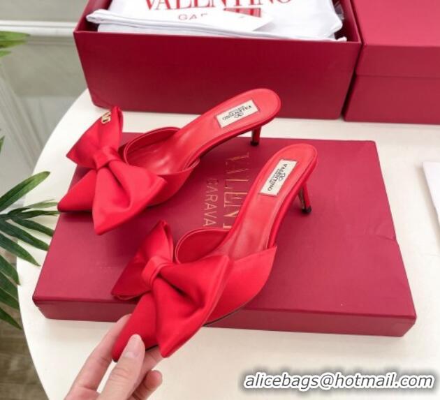 Stylish Valentino Satin Heel Mules 6cm with Maxi Bow Red 429078