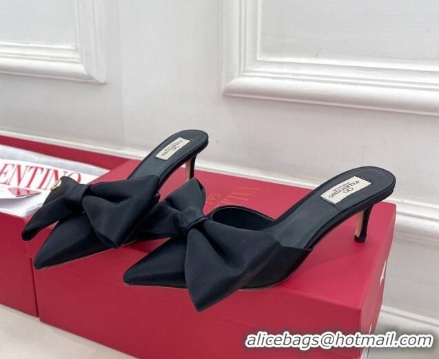 Charming Valentino Satin Heel Mules 6cm with Maxi Bow Black 429079