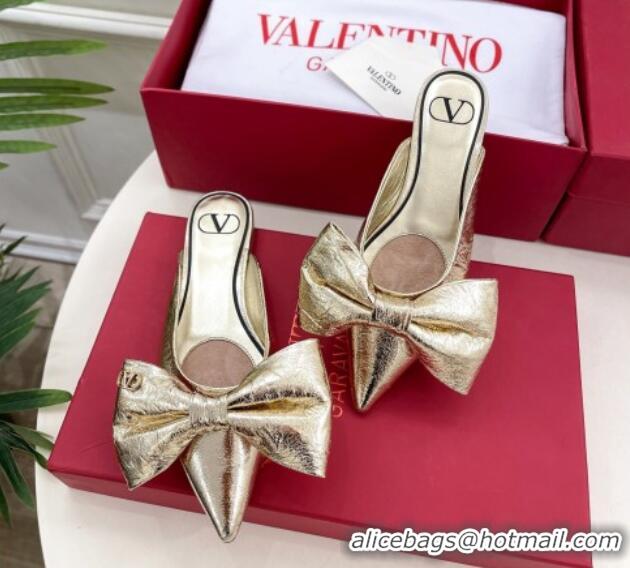 Duplicate Valentino Calfskin Flat Mules with Maxi Bow Gold 429080