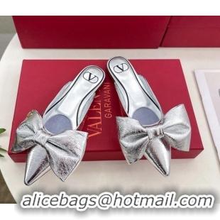 Grade Quality Valentino Calfskin Flat Mules with Maxi Bow Silver 429081