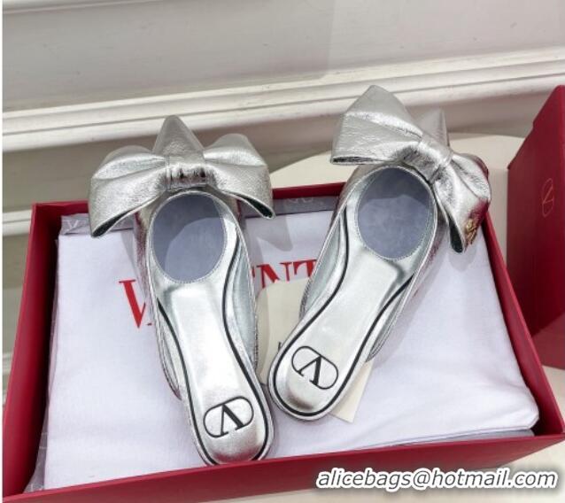 Grade Quality Valentino Calfskin Flat Mules with Maxi Bow Silver 429081