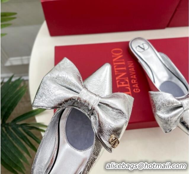 Grade Quality Valentino Calfskin Flat Mules with Maxi Bow Silver 429081