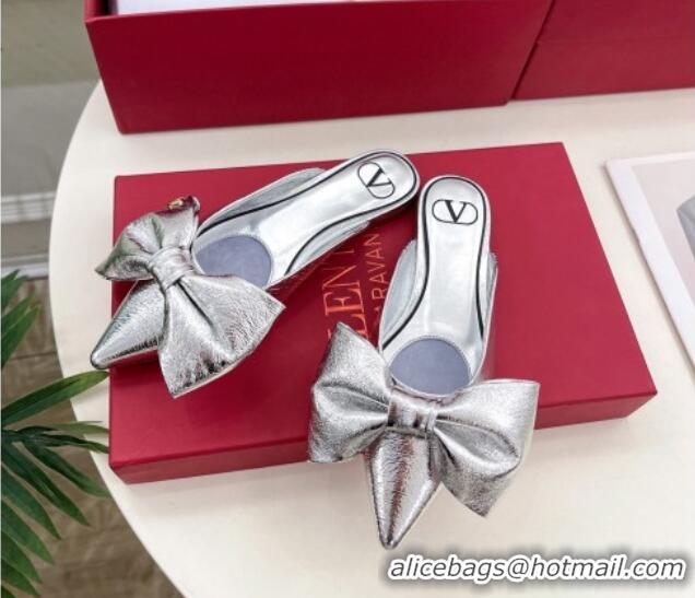 Grade Quality Valentino Calfskin Flat Mules with Maxi Bow Silver 429081