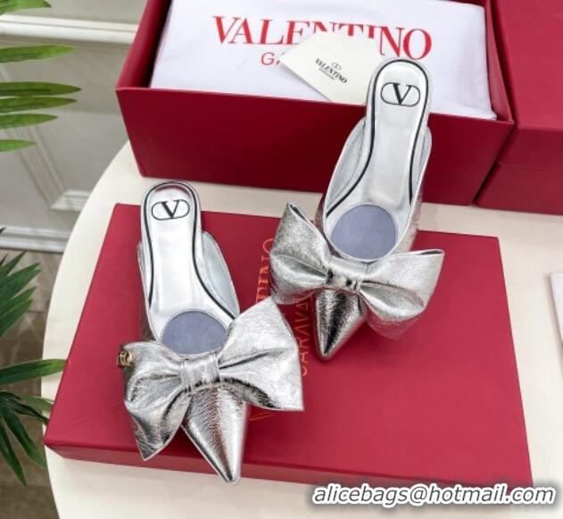 Grade Quality Valentino Calfskin Flat Mules with Maxi Bow Silver 429081