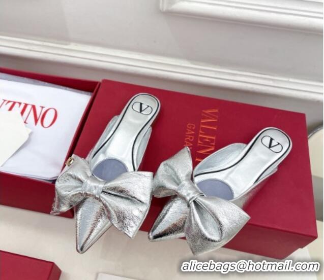 Grade Quality Valentino Calfskin Flat Mules with Maxi Bow Silver 429081