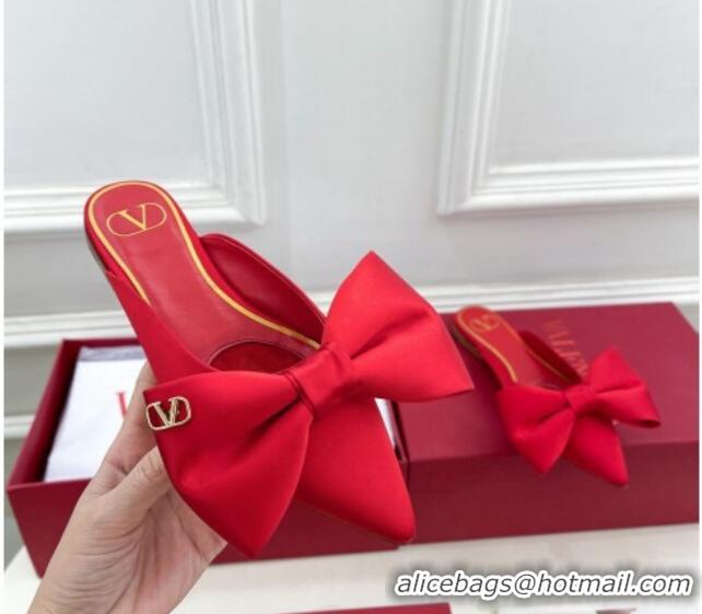 Good Quality Valentino Satin Flat Mules with Maxi Bow Red 429084