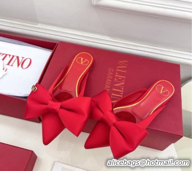 Good Quality Valentino Satin Flat Mules with Maxi Bow Red 429084