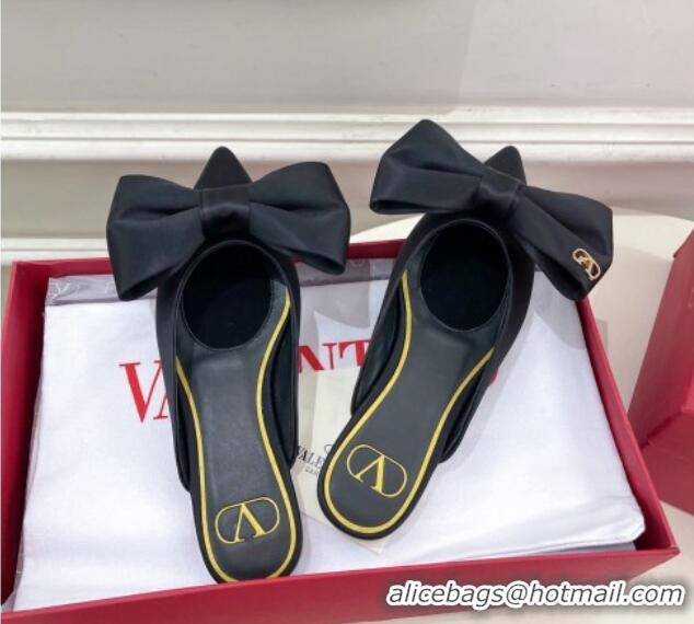 Sophisticated Valentino Satin Flat Mules with Maxi Bow Black 429085