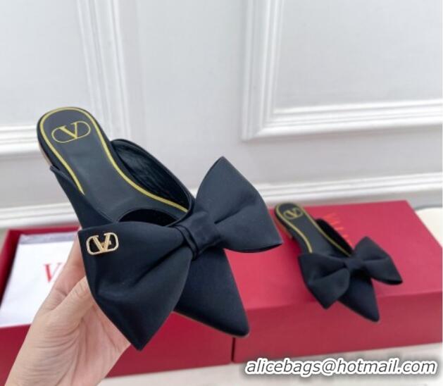 Sophisticated Valentino Satin Flat Mules with Maxi Bow Black 429085