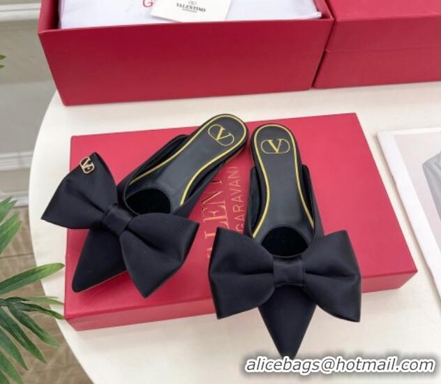 Sophisticated Valentino Satin Flat Mules with Maxi Bow Black 429085