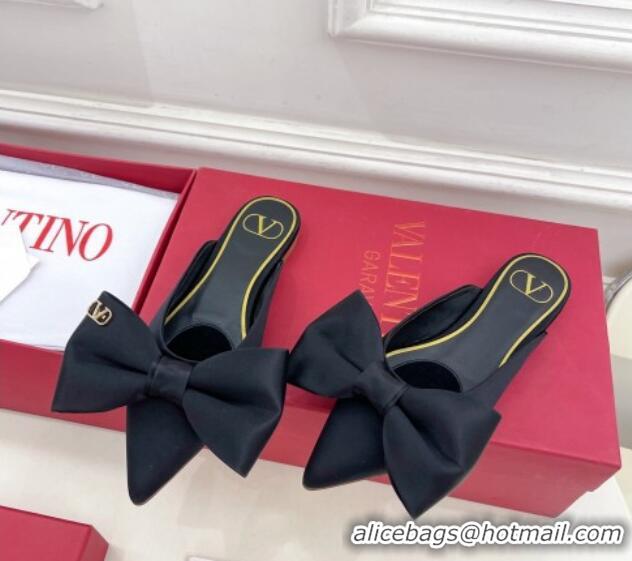 Sophisticated Valentino Satin Flat Mules with Maxi Bow Black 429085