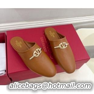 Stylish Valentino The Bold Edition VLogo Flat Mules Tan Brown 429086