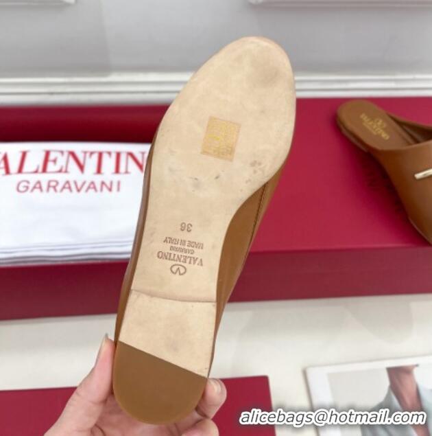 Stylish Valentino The Bold Edition VLogo Flat Mules Tan Brown 429086