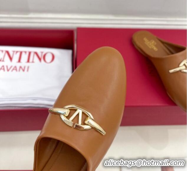 Stylish Valentino The Bold Edition VLogo Flat Mules Tan Brown 429086